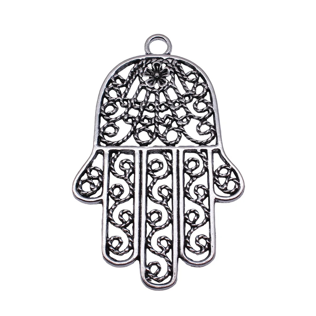 74x47mm 14.2g Antique Silver Tone Zinc Alloy Hamsa Hand Filigree Charm Pendant for DIY Boho Jewelry