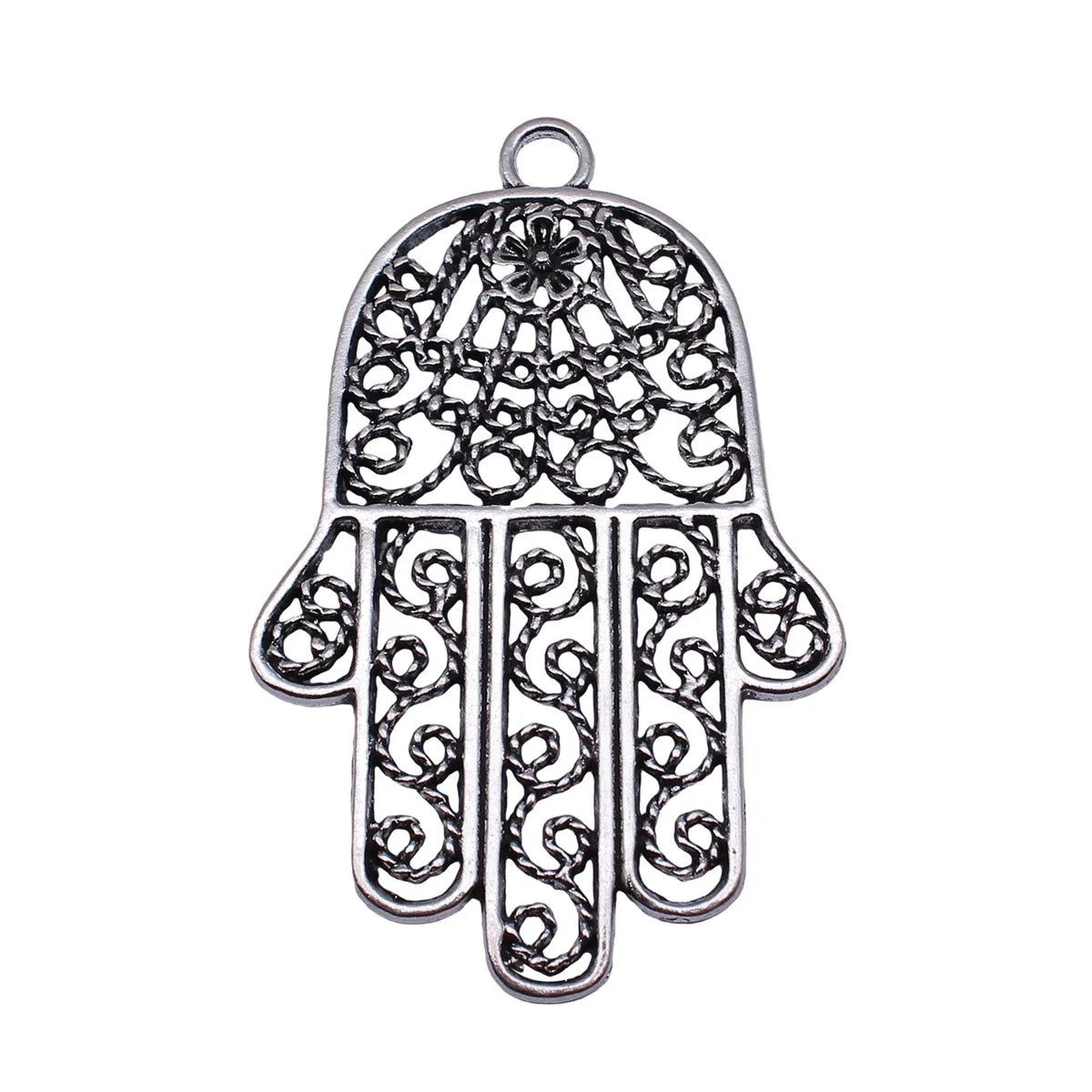 74x47mm 14.2g Antique Silver Tone Zinc Alloy Hamsa Hand Filigree Charm Pendant for DIY Boho Jewelry