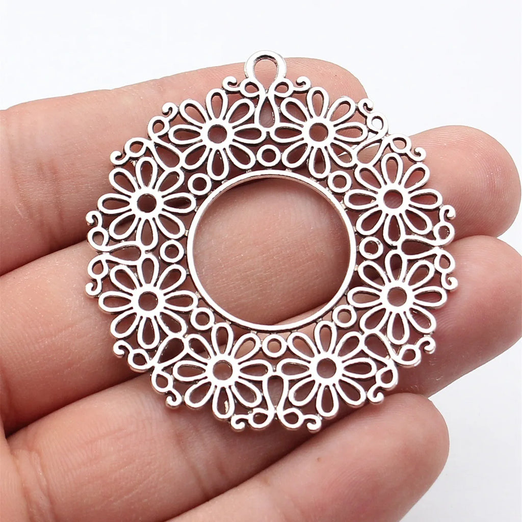 55x50mm 7.9g Antique Silver Zinc Alloy Hollow Flower Round Ring Charm Pendant for DIY Jewelry