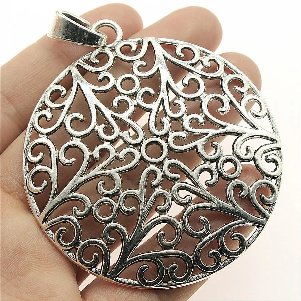 73x66mm 20.5g Antique Silver Zinc Alloy Large Hollow Floral Round Charm Pendant for DIY Jewelry Making