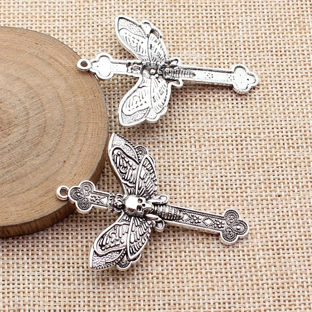 54x40mm 4.2g Antique Silver Zinc Alloy Skull Moth Cross Charm Pendant for DIY Gothic Jewelry Making
