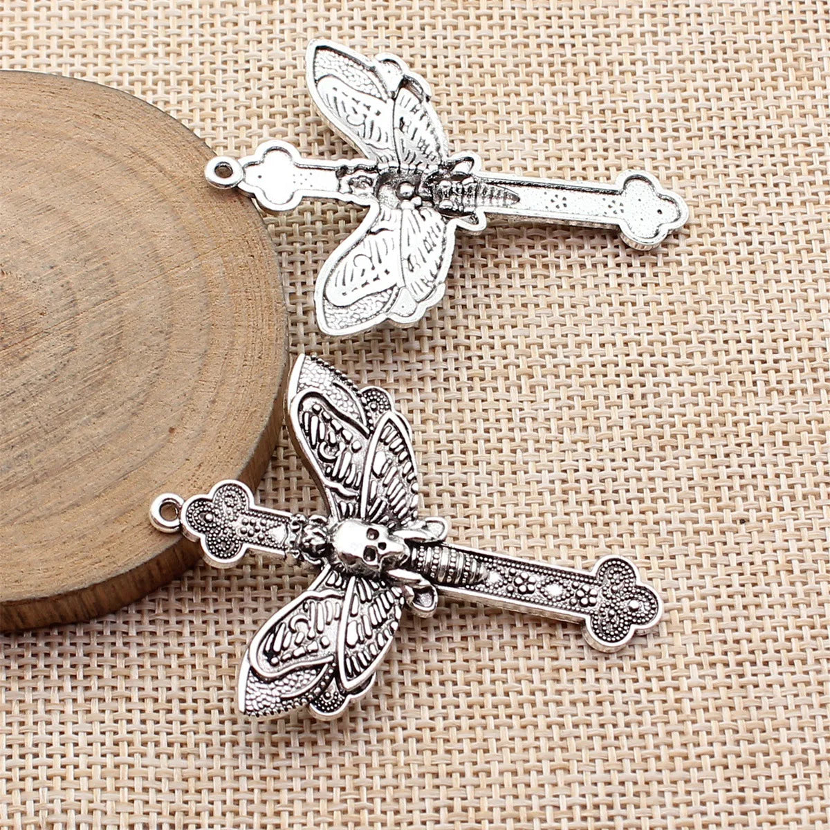 54x40mm 4.2g Antique Silver Zinc Alloy Skull Moth Cross Charm Pendant for DIY Gothic Jewelry Making