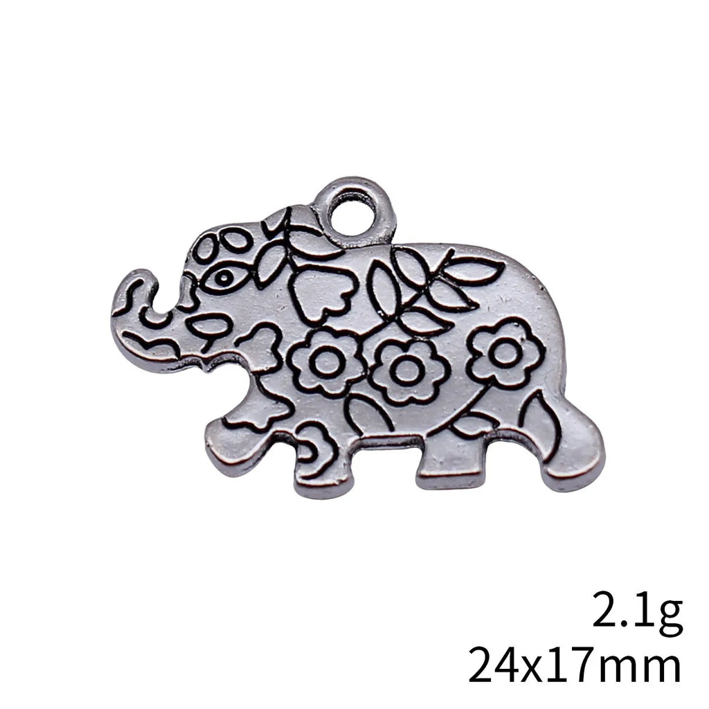 24x17mm 2.1g Multicolor Zinc Alloy Flower Pattern Elephant Double Sided Charm Pendant for DIY Necklace Jewelry Making