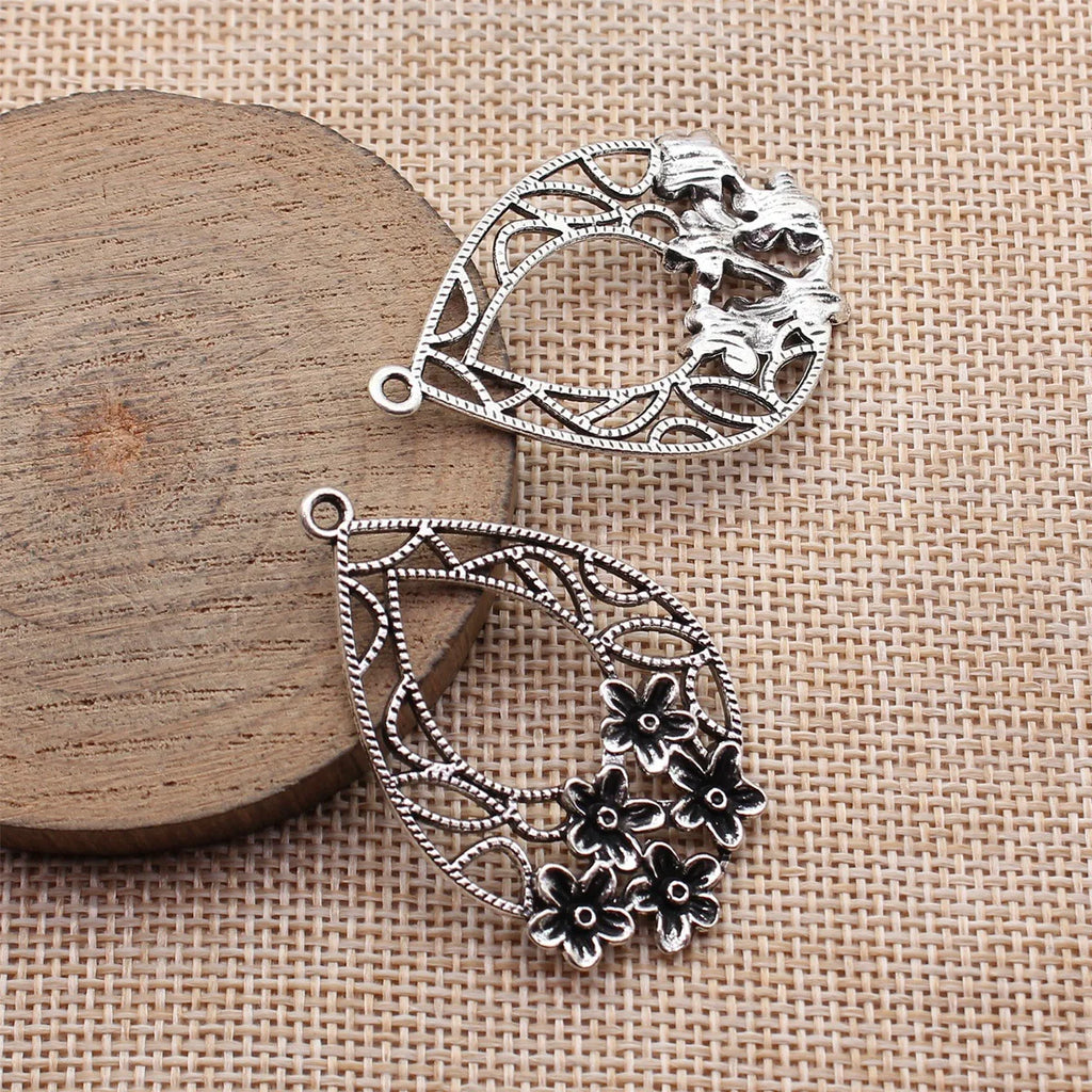 46x30mm 4.1g Antique Silver Zinc Alloy Hollow Flower Teardrop Earring Charms for DIY Jewelry Making
