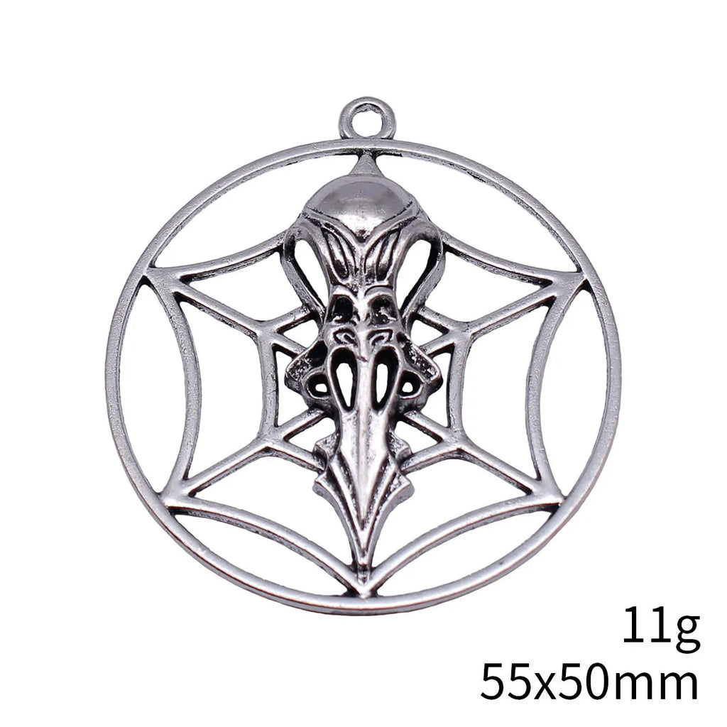 55x50mm 11g Antique Silver Zinc Alloy Round Spider Web Skull Bird Beak Hollow Charm Pendant for DIY Jewelry