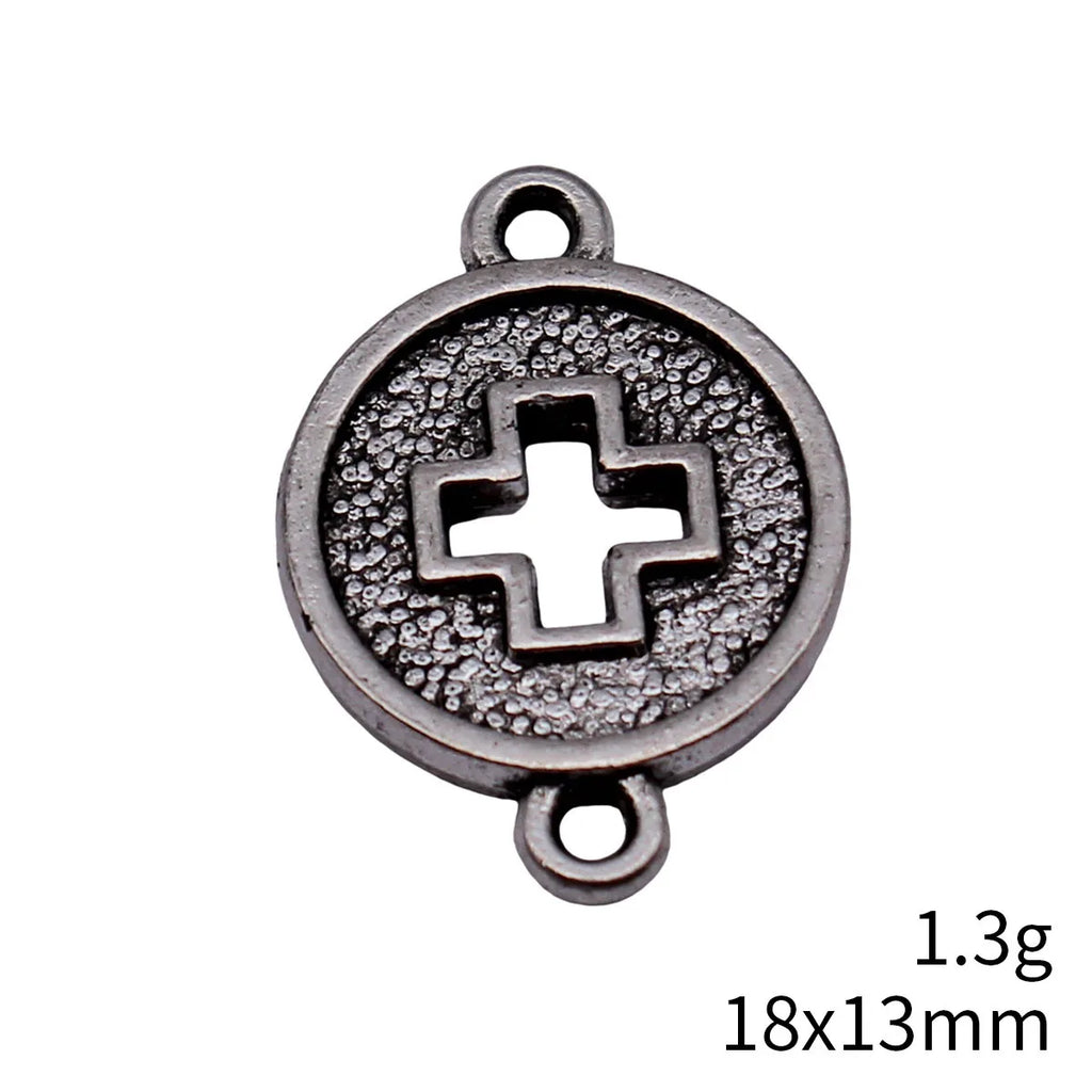 18x13mm 1.3g Antique Silver Zinc Alloy Cross Round Disc Hollow Double Sided Connector Charm for DIY Bracelet Making
