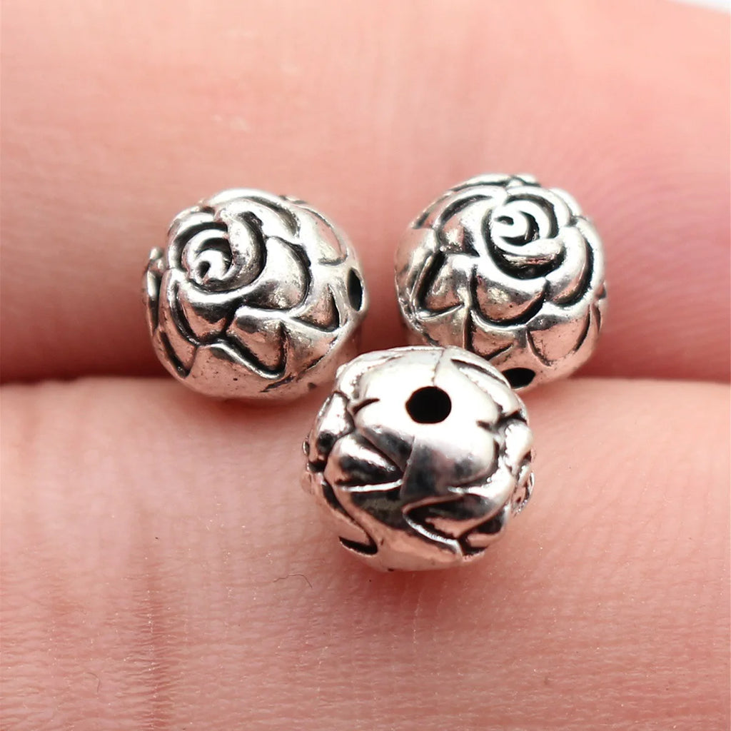 8x8x8mm 1.5g Antique Silver Tone Zinc Alloy Double-Sided Flower Pattern Spacer Beads for DIY Jewelry